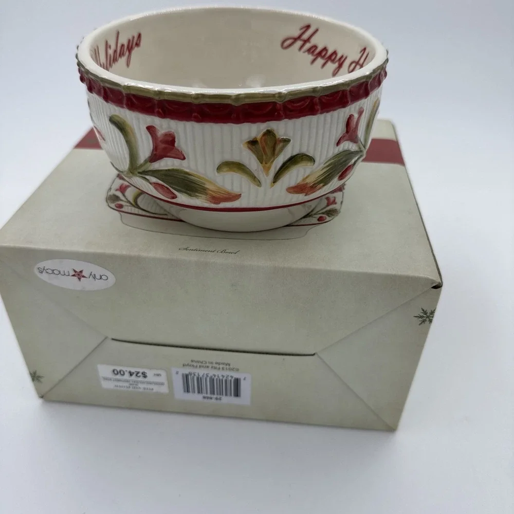 Fitz & Floyd WOODLAND HOLIDAY Sentiment 'HAPPY HOLIDAYS' Serving Bowl